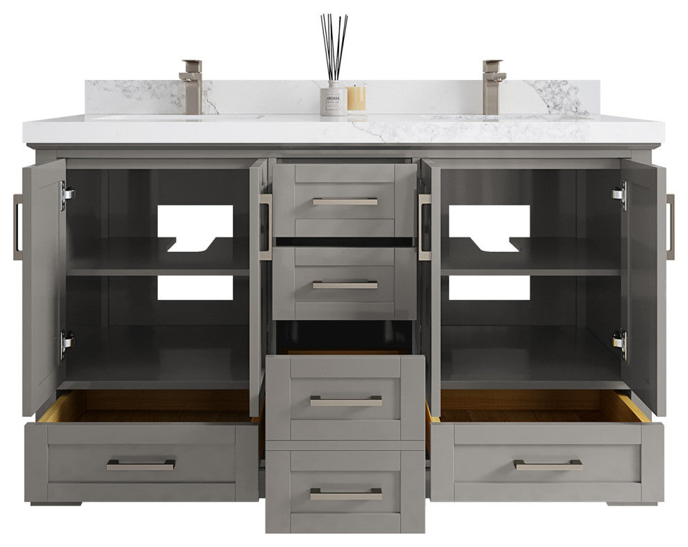Boston 60 Double Bathroom Vanity in Elephant Skin Gray 2" White Quartz