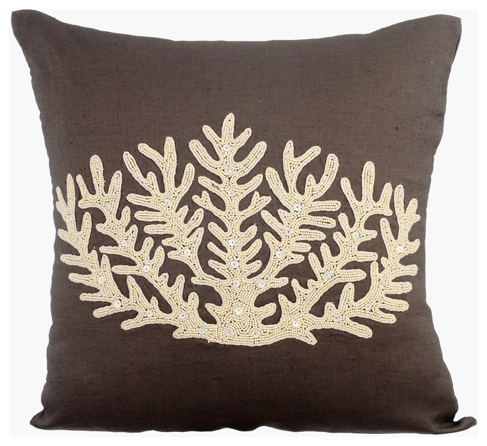 Pillow Covers 16" x 16" Cushion Cover Brown Cotton Sea Creatures - Coral Harvest