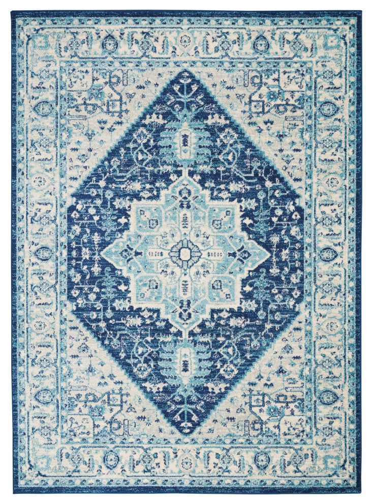 Vintage Area Rug, Classic Medallion Pattern, Ivory/Navy, 6' X 9'