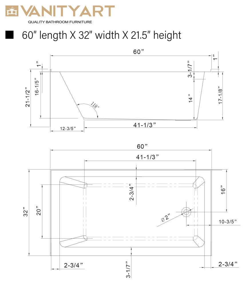 Vanity Art Alcove Soaking Acrylic Bathtub, White/Titanium Gold, 60"x32", Right