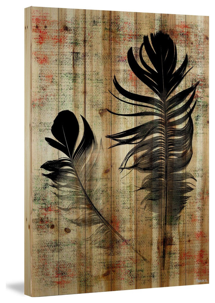 "Beautiful Black Feathers" Print on Natural Pine Wood, 24"x36"