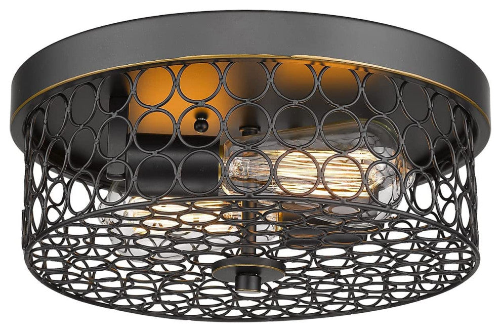 2 Light Rust Flush Mount Ceiling Light, Vintage, Black Mesh Cage
