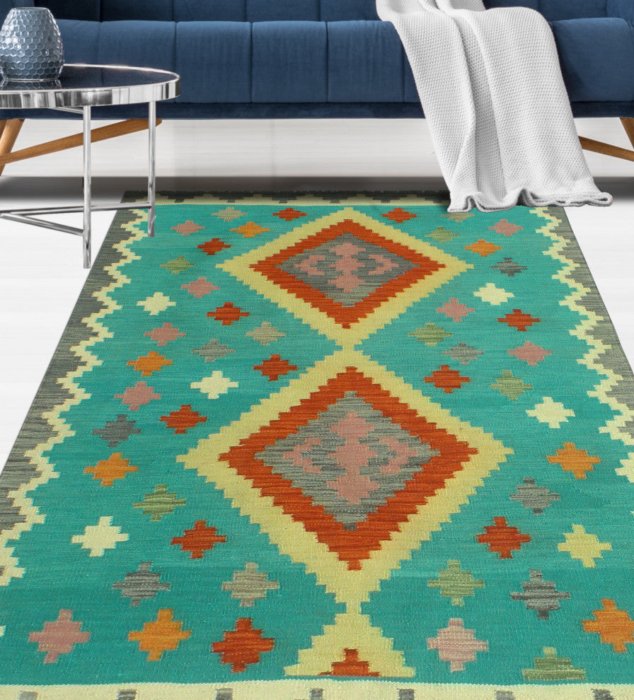 Sangat Flatweave Bachir Turquoise/Red Rug, 4'3 x 5'10