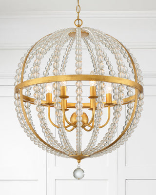 Roxy 6 Light Chandelier in Antique Gold with Clear Glass Beads
