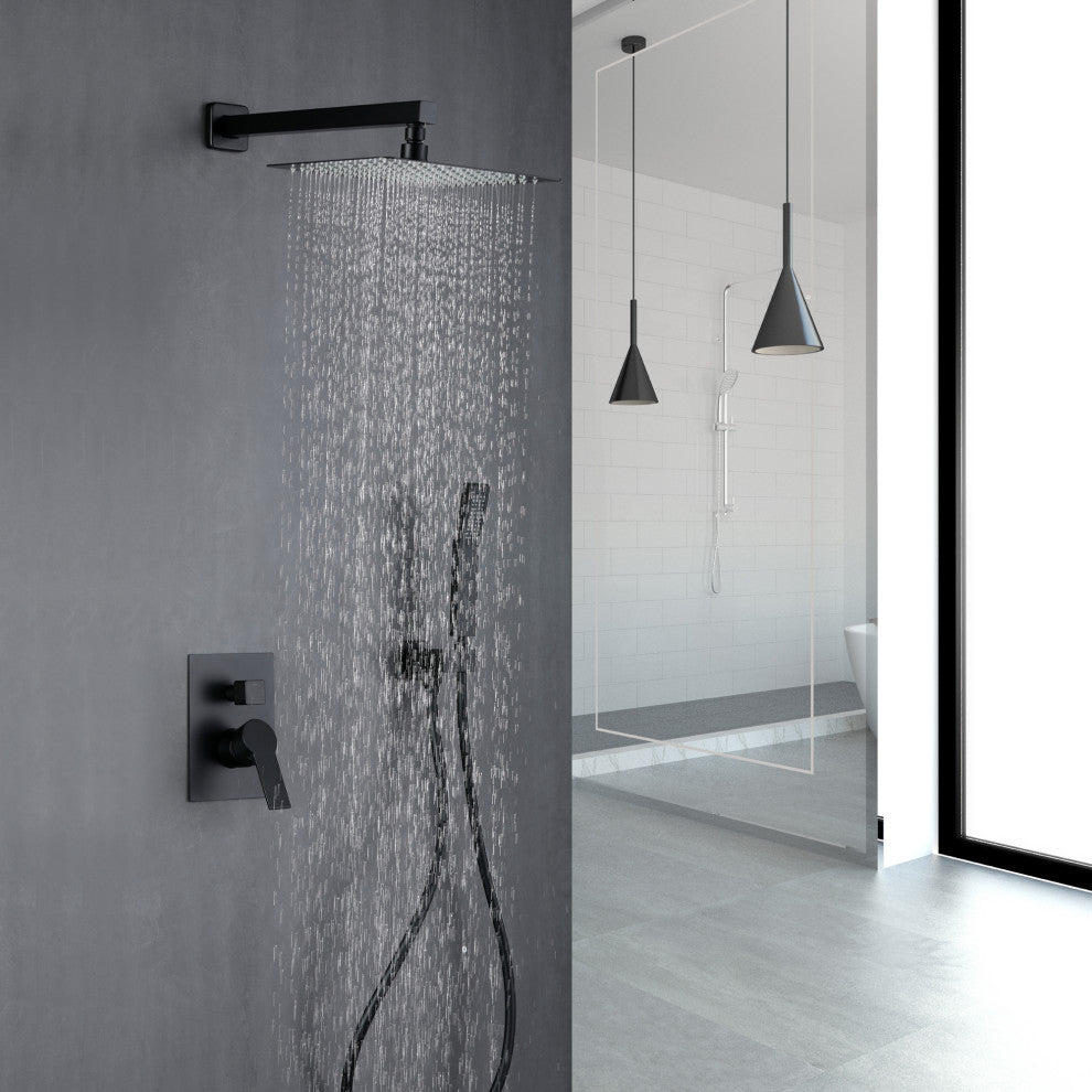 Wellfor Shower Faucet, 10" Rain Shower Head With Handheld Combo Set and Valve, Black