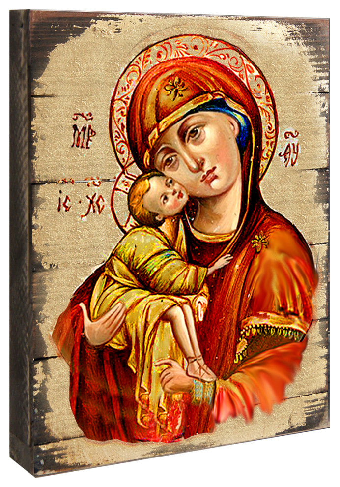 Icon Vladimir Virgin Mary Wall Art On Wood, 16 Inch