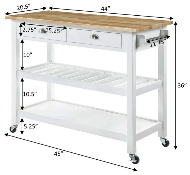 Classic Kitchen Cart, Butcher Block Top & Drawers With Curved Pulls, White