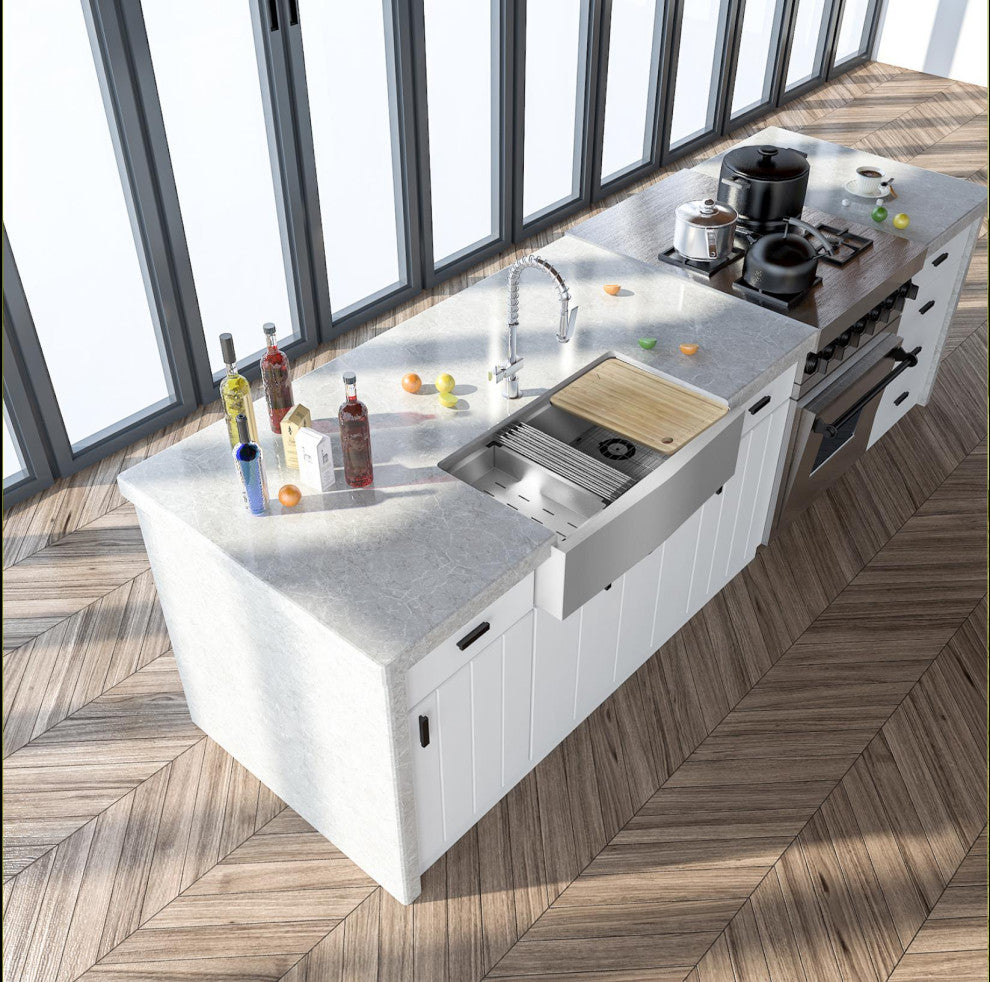 Sinber Single Bowl Kitchen Sink with 304 Stainless Steel Satin Finish, 33"x21" Workstation, Apron/Farmhouse