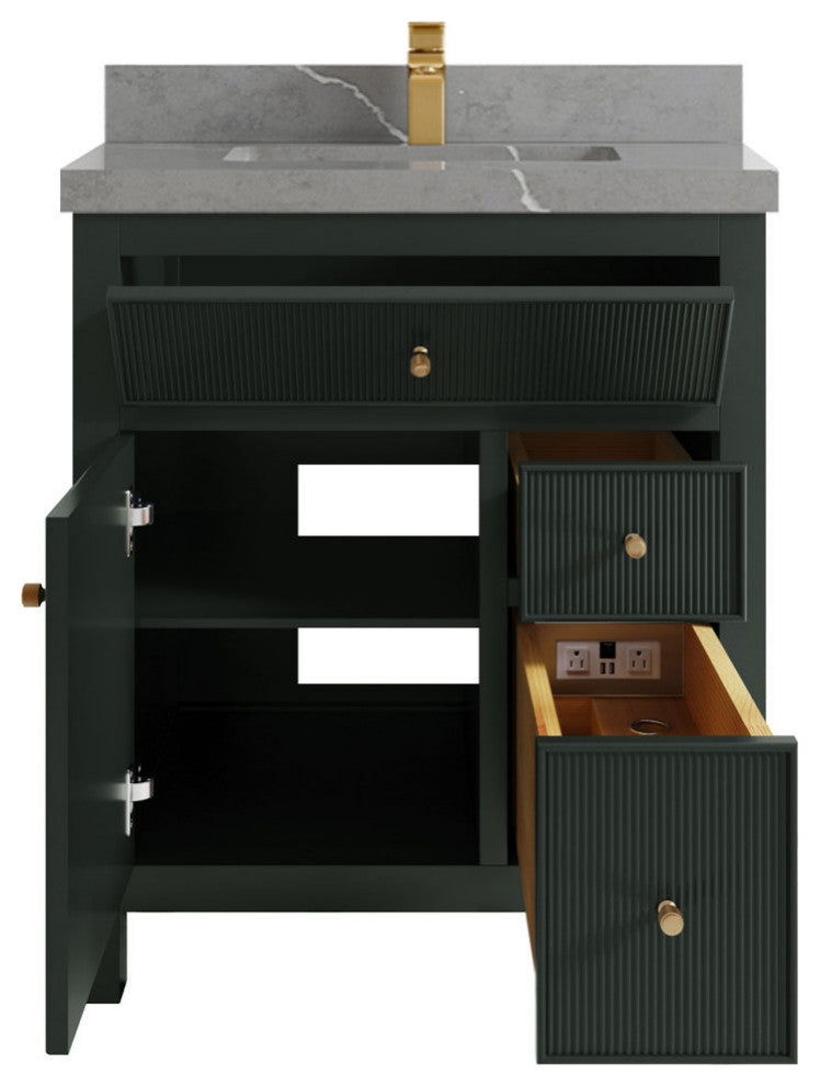 Sonoma 30 Single Sink Reeded Bath Vanity in Dark Forest Green 2" Piatra Gray
