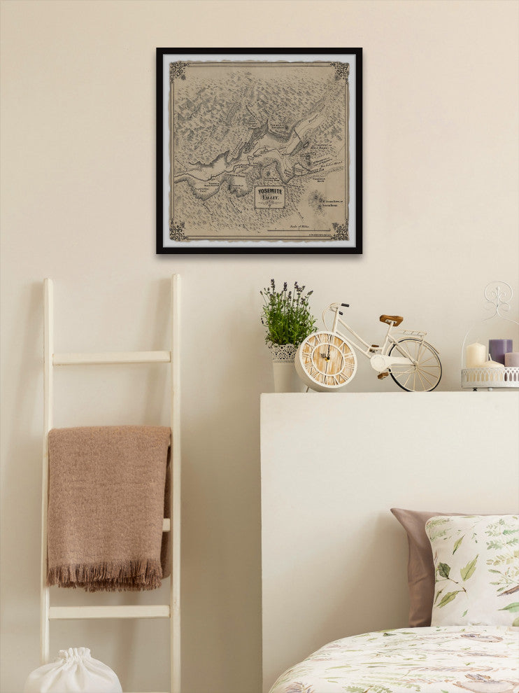 "Vintage Yosemite Valley Map" Framed Painting Print, 32x32
