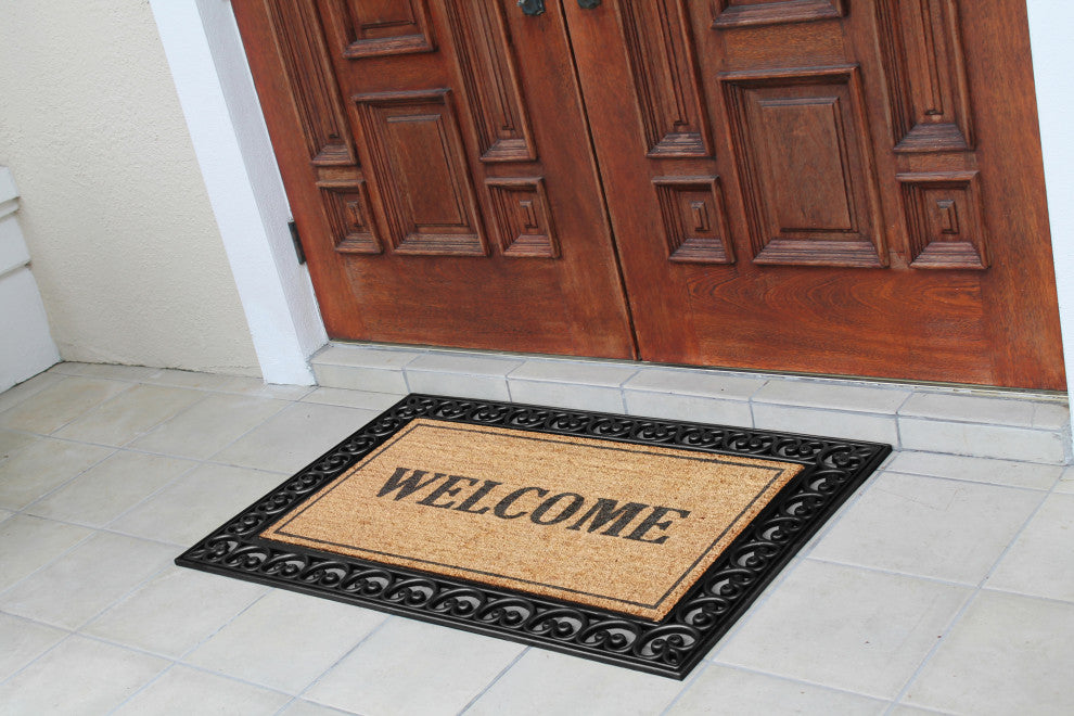 A1HC Rubber and Coir Welcome Paisley Border Double Door Doormat 30"x48", Black