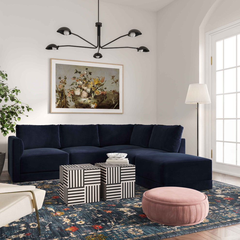 Flix Modular Velvet Sectional Sofa, Modern 5 Piece RAF Sectional Couch Set, Navy
