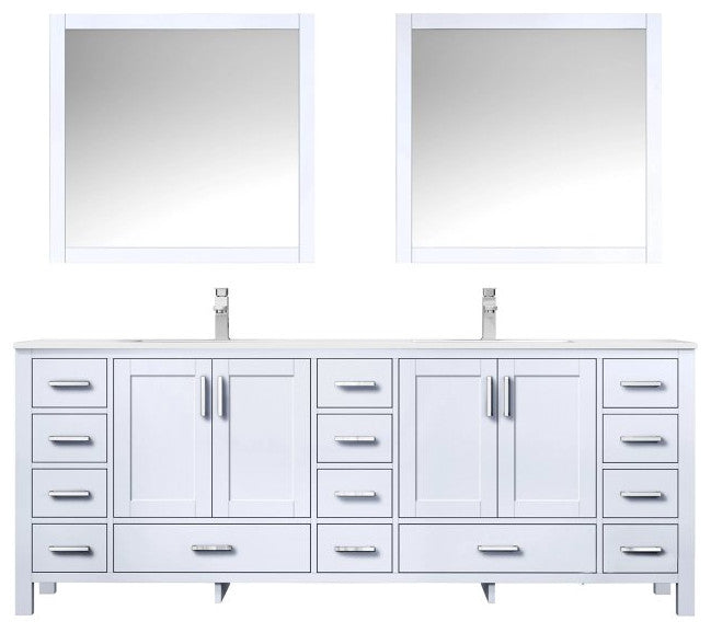 Jacques 84" White Double Sink Vanity with Quartz Top, With Mirror