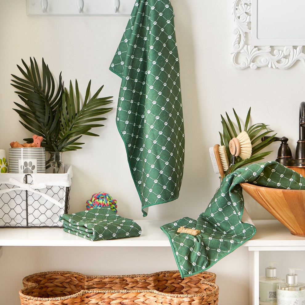 Hunter Green Printed Trellis Paw Small Pet Towel (Set of 3)