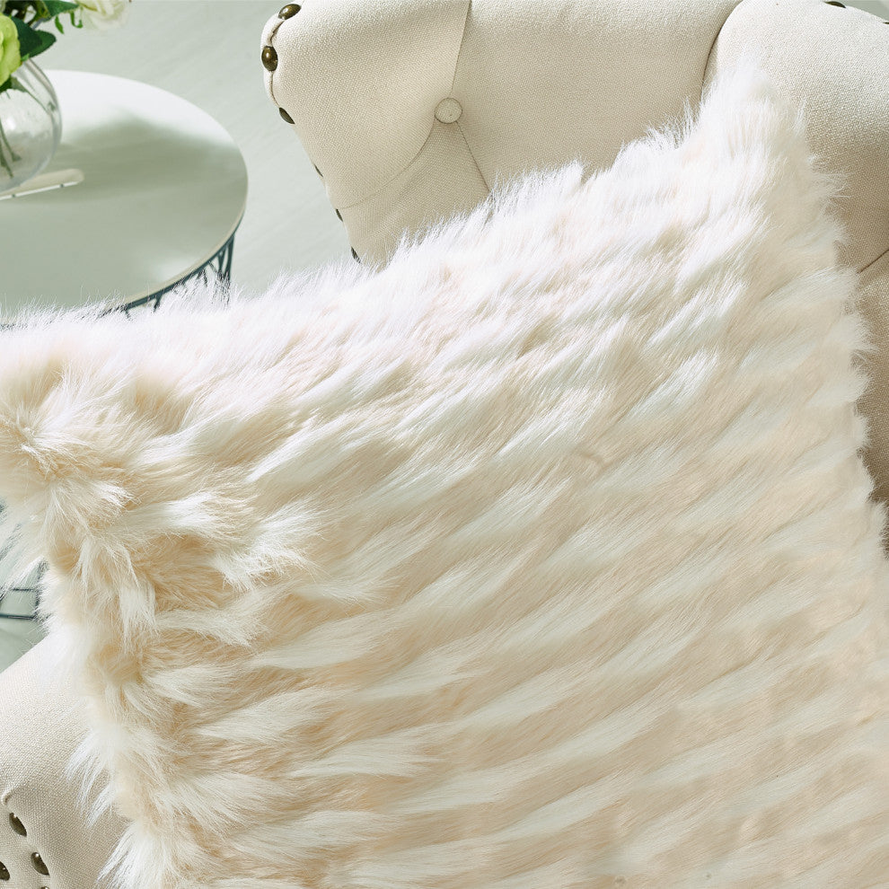 Feathery Faux Fur Pillow Cover 2 Piece Set, Ivory, 26" X 26"