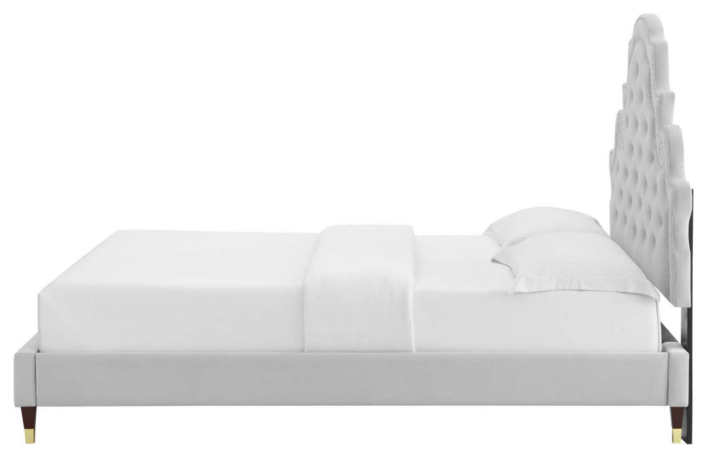 Tufted Platform Bed Frame, Queen Size, Velvet, Gray, Modern Contemporary