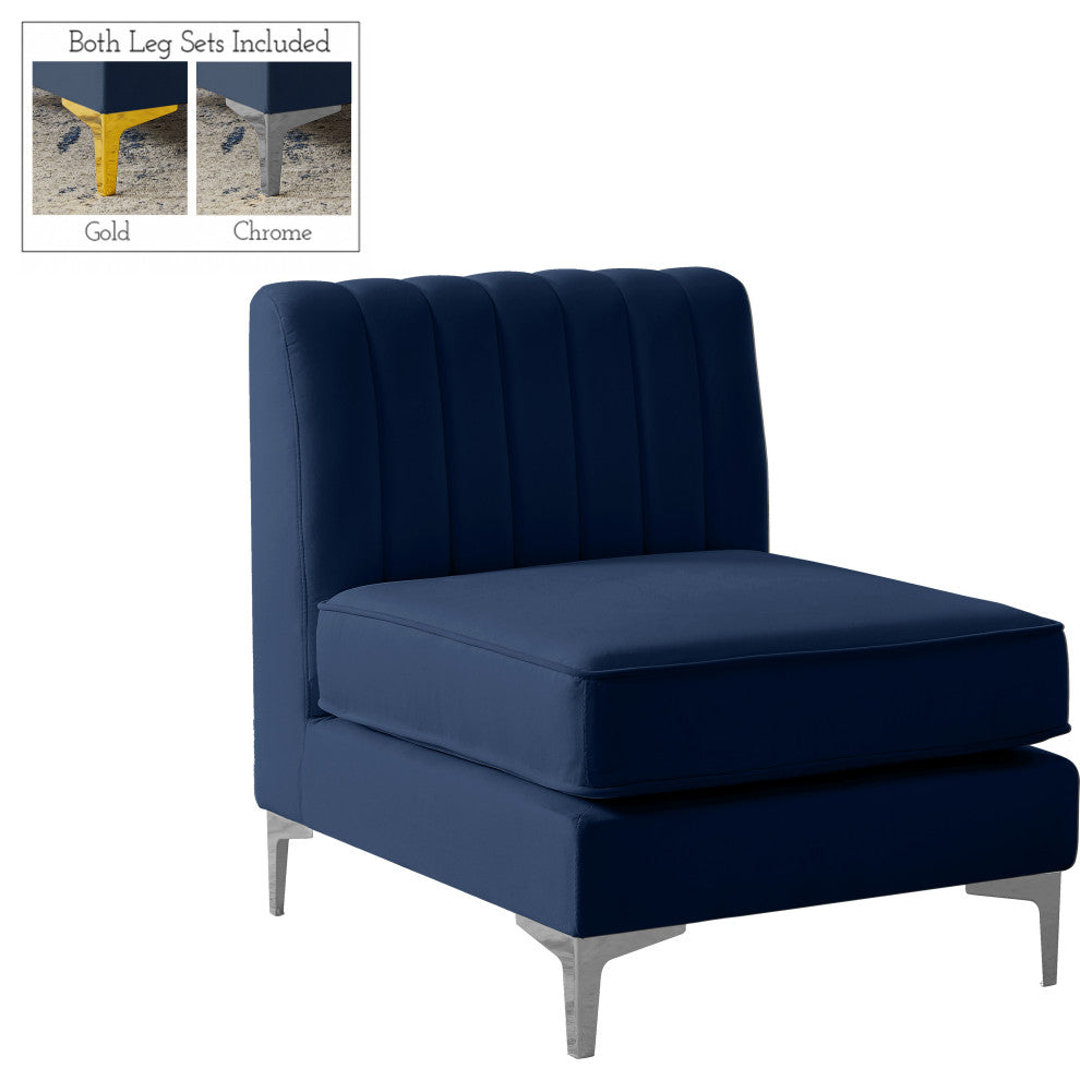 Alina Velvet Upholstered Modular Armless Chair, Navy