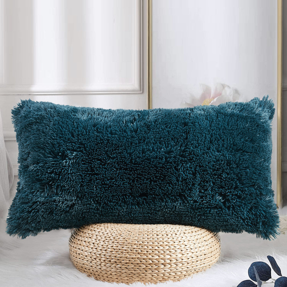 Shaggy Faux Fur Pillow Cover, Teal, Set of 2, 14"x26"