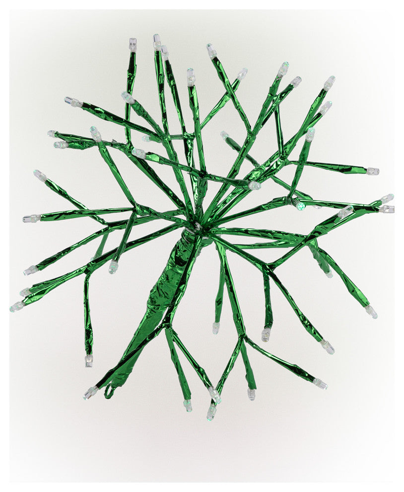 10"H Indoor Christmas Twig 3D Hanging Snowflake Ornament with LED Lights, Green