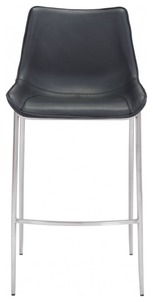 Set of Two Black Faux Leather and Steel Modern Stitch Bucket Bar Chairs
