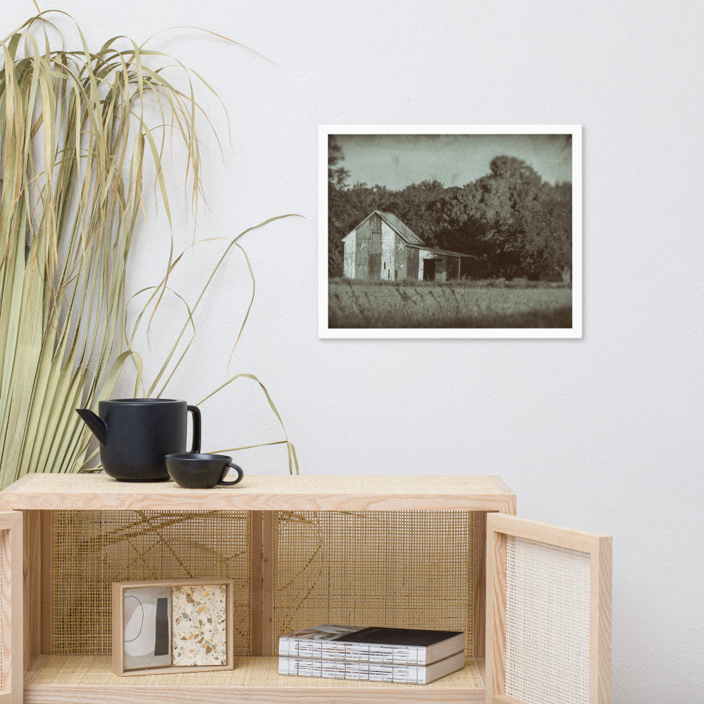 Patriotic Barn in Field Vintage Black and White Framed Photo Wall Art Print, White, 16" X 20"