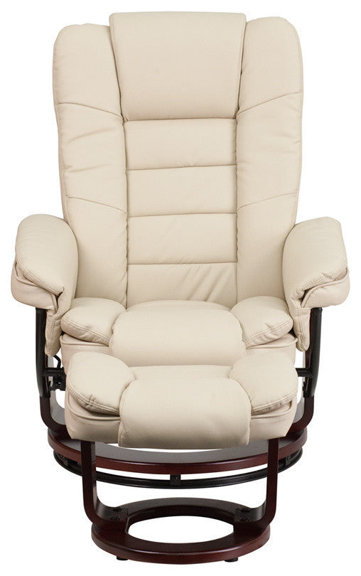 Contemporary Leather Recliner And Ottoman Set, Beige