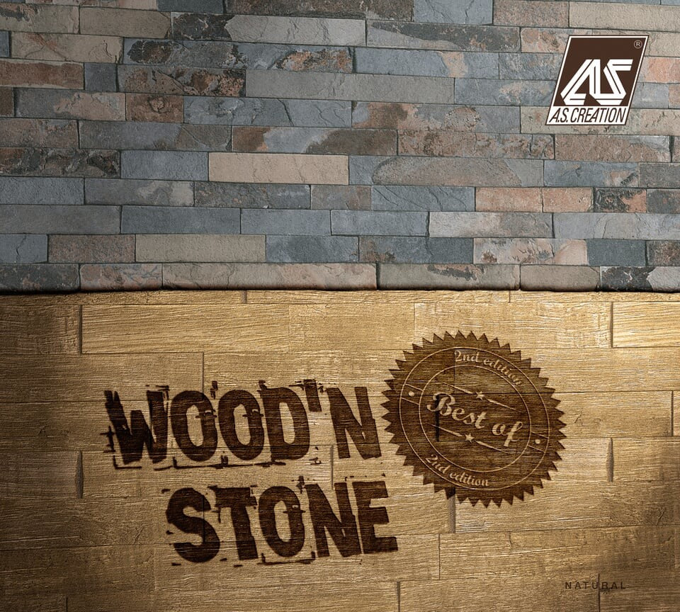 Best of Wood''n Stone, Modern Wood Stone Brick Cream Wallpaper Roll