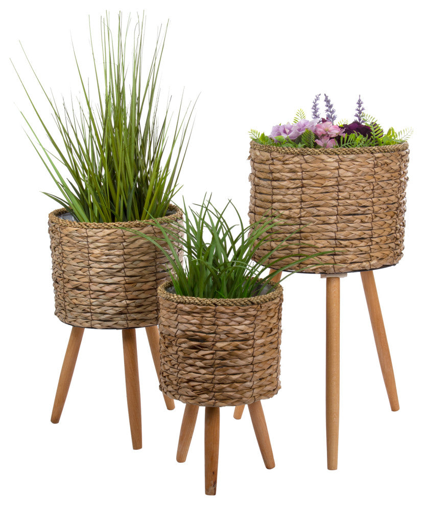 Decorative Cattail Planter Set With Wooden Legs, 3-Piece Set, Natural