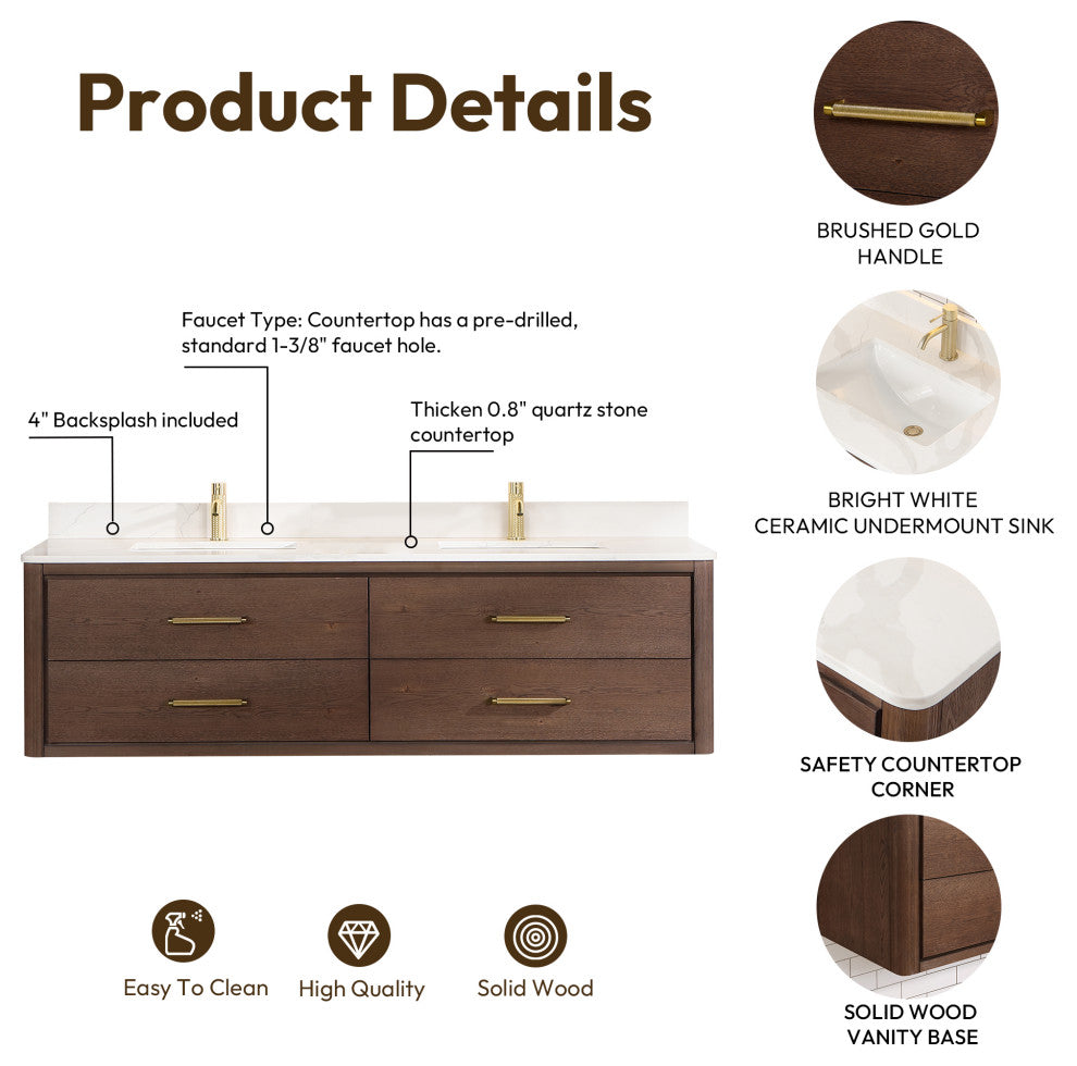 Cristo Floating Bath Vanity With Stone Top, Aged Dark Brown Oak, 72in., With Mirror