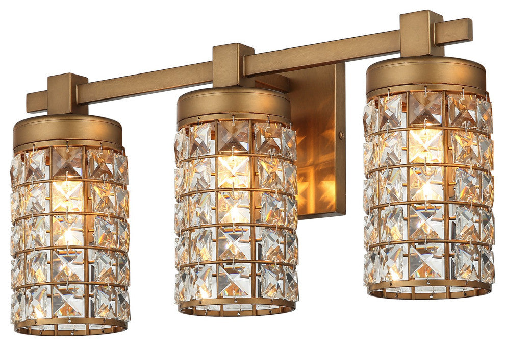 Modern 20 in. 3-Light Gold Wall Sconce Vanity Light with Crystal Cylinder Shade