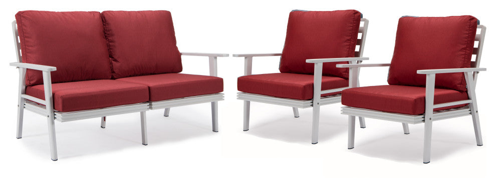 LeisureMod Walbrooke 3-Piece Patio Set With White Aluminum Frame and Cushions, Red