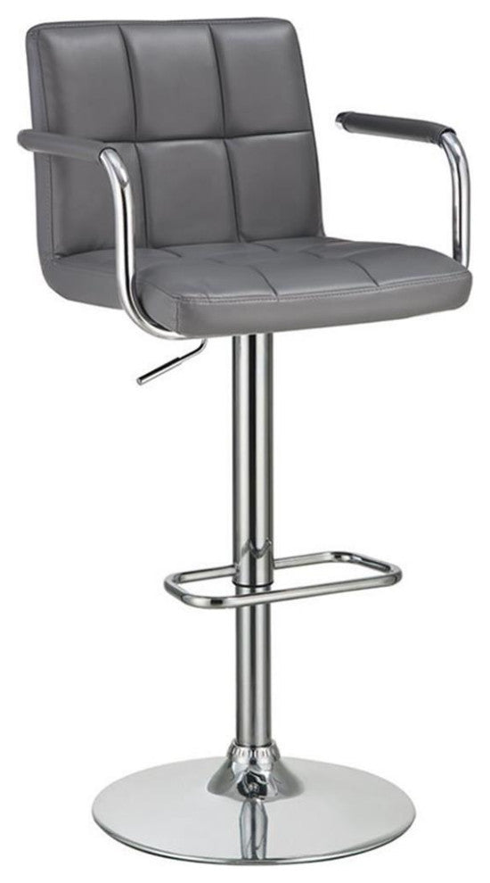 Adjustable Height Bar Stool With Grid Leatherette Upholstery, Gray