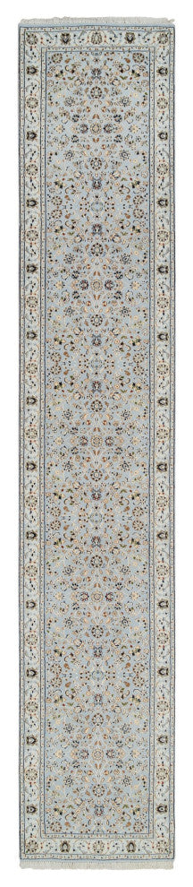 Light Blue, Nain 250 KPSI, Wool and Silk Hand Knotted Runner Rug, 2'6"x13'9"