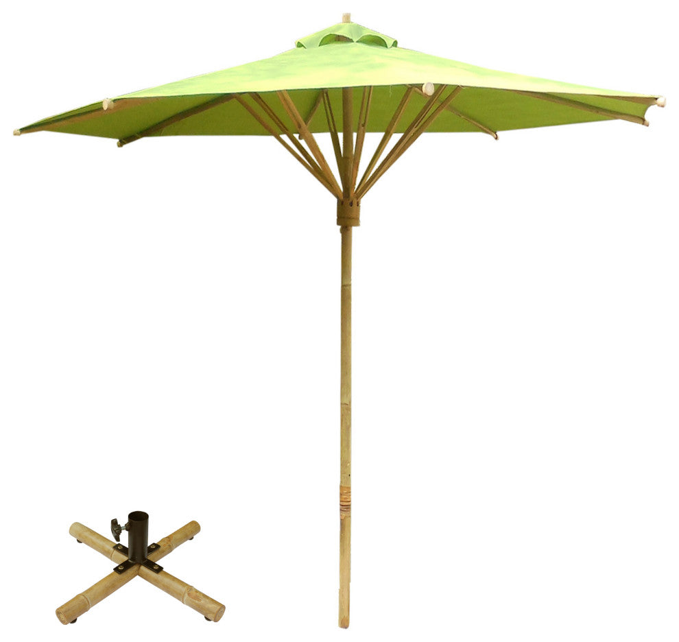Handcrafted Bamboo Beach Patio Umbrella With Base, Dark Green