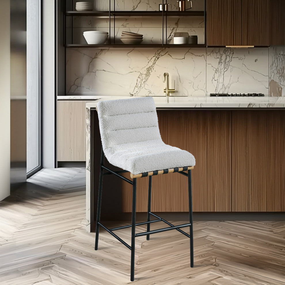 Burke Upholstered Bar Stool, Cream, Boucle Fabric, White Oak Veneer Metal Dowel