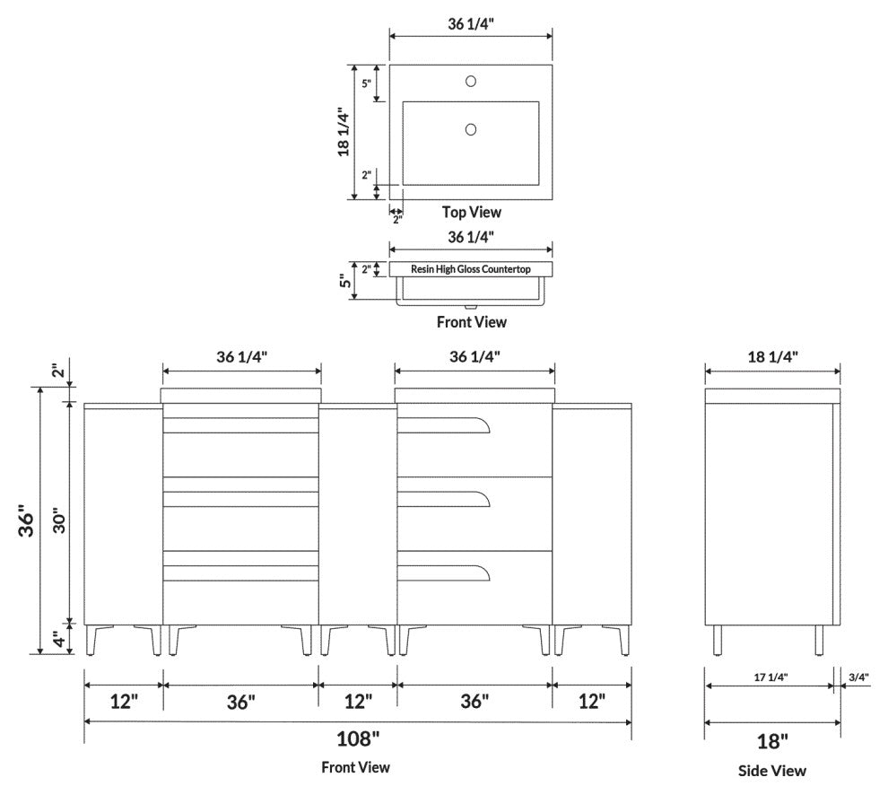 Freestanding White Vanity Set - Two Sink Bases Three 12 Side Bases, 108"