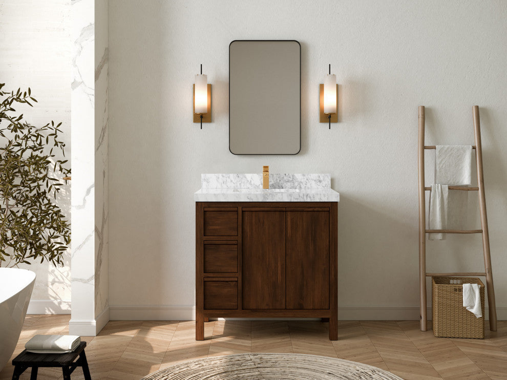 Elizabeth 36 Center Sink Bath Vanity in Dark Walnut Teak 2" Carrara Marble