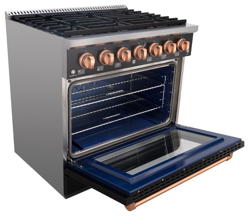 36" Slide-in Freestanding Gas Range & 5.2 Cu. Ft. Oven, 6 Burners. Matte Black, Matte Black & Copper