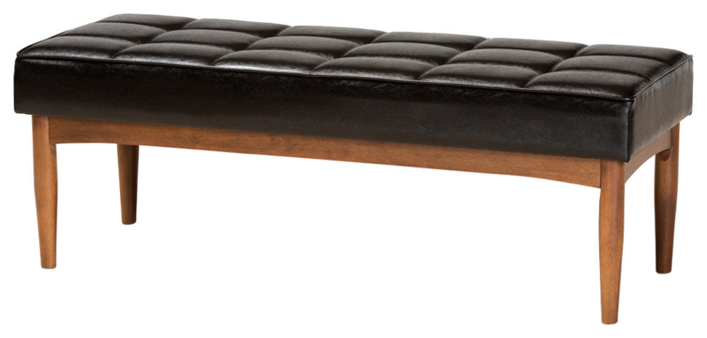 Devin Midcentury Modern Dining Bench, Dark Brown Faux Leather