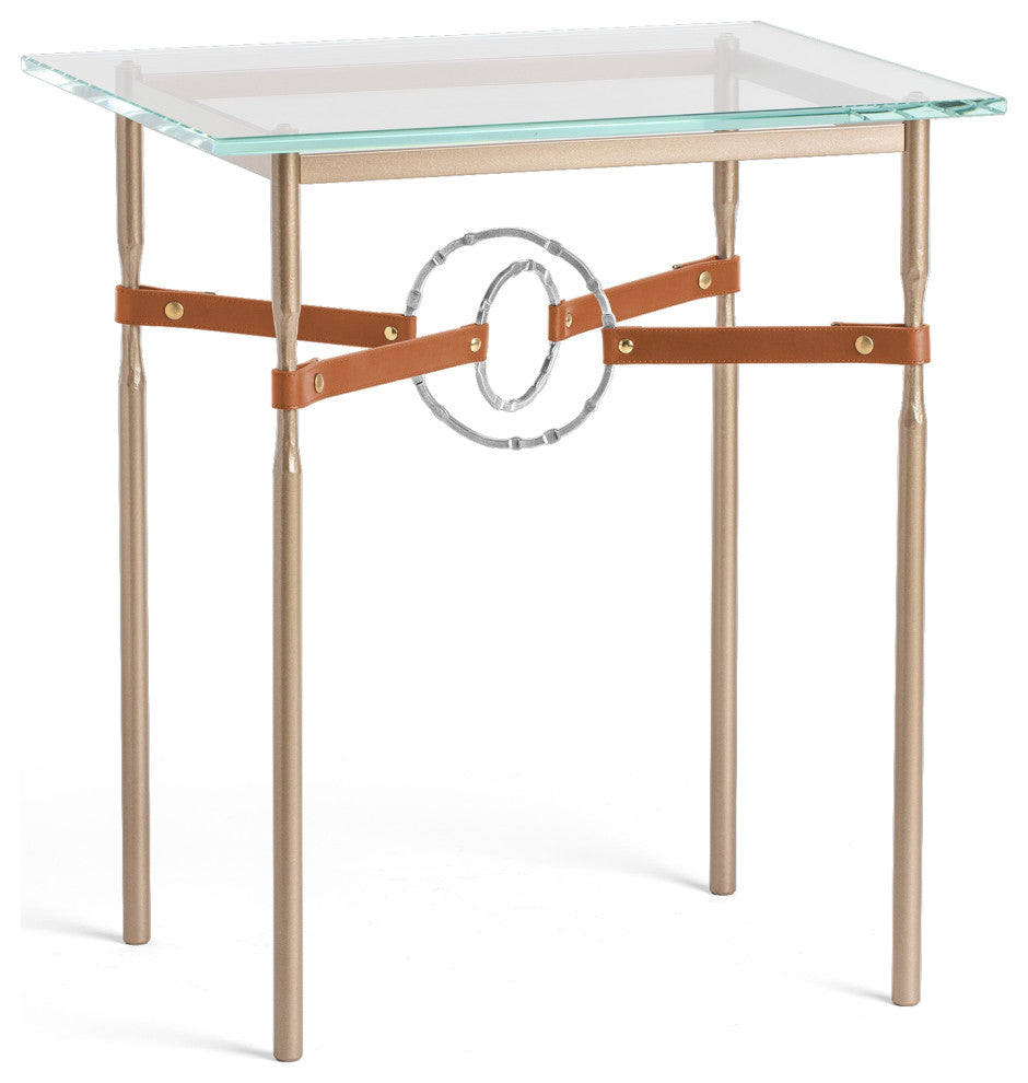 Equus Side Table, Soft Gold Finish, Sterling Accents, Chestnut Leather Strap