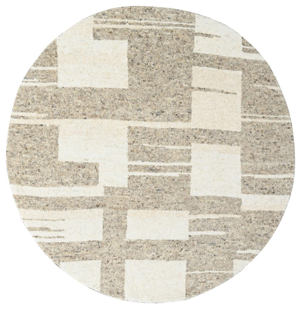 Soft Colors Wool Hand Knotted Minimalist Design Round Oriental Rug, 7'10"x8'3"