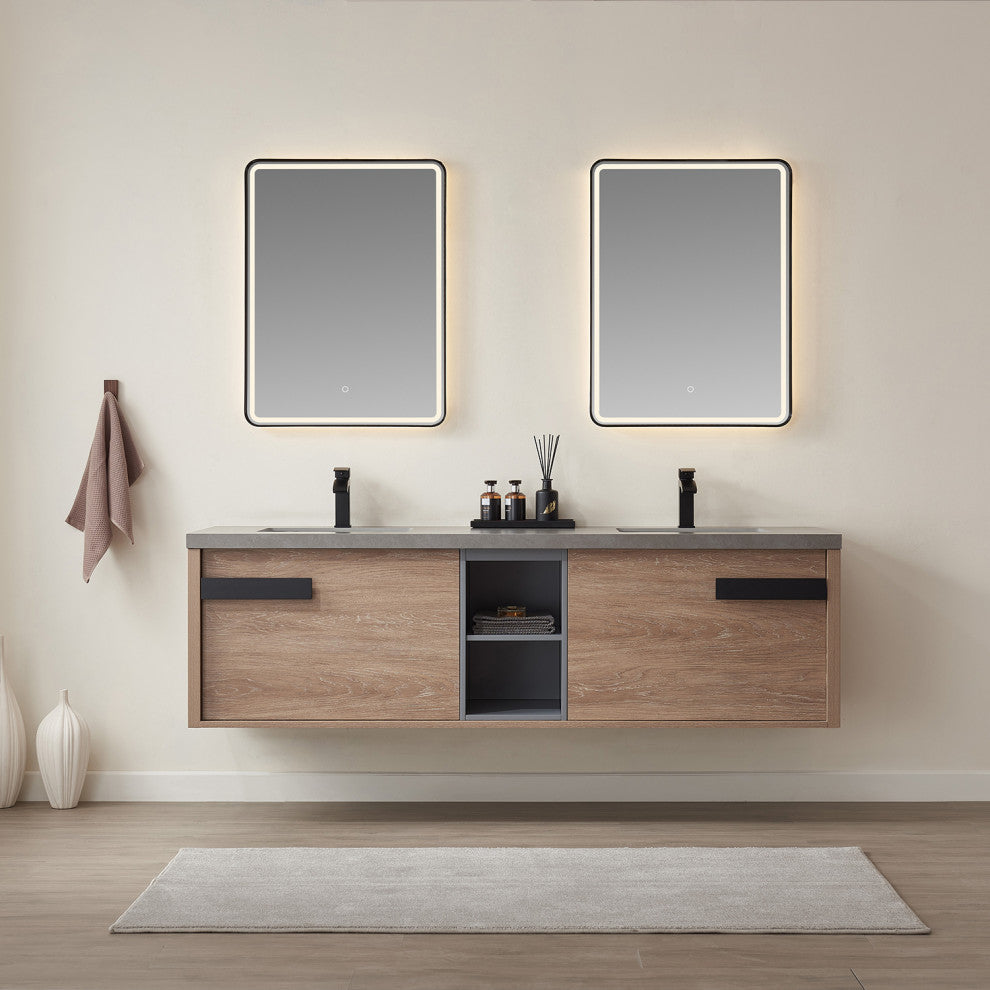 Carcastillo Bath Vanity, Oak With Sintered Stone Top, 72", With Mirror