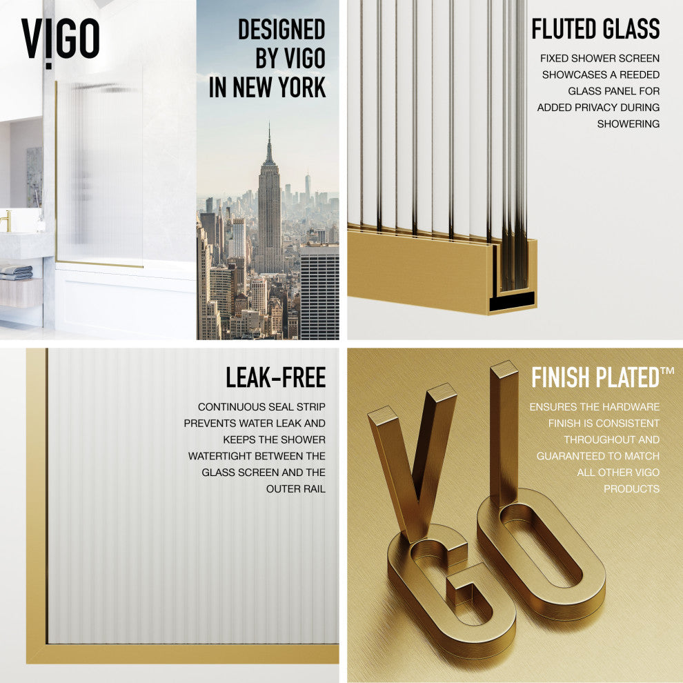 VIGO Zenith Frameless Fixed, Matte Brushed Gold, Tub Screen, 34" W X 62" H, Fluted Glass