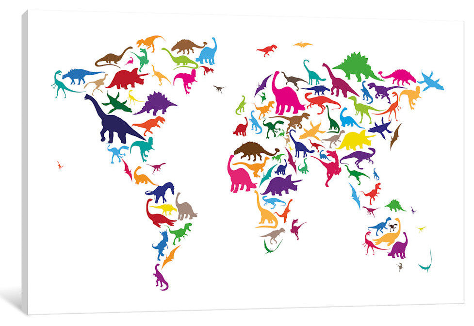 "Dinosaur Map of The World Map II" by Michael Tompsett, Canvas Print, 18x12"