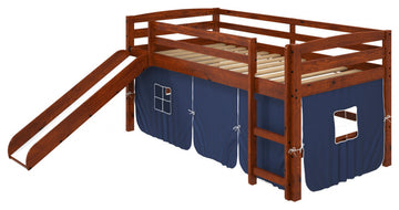 Brown Wooden Blue Tent Low Loft Bed With Slide