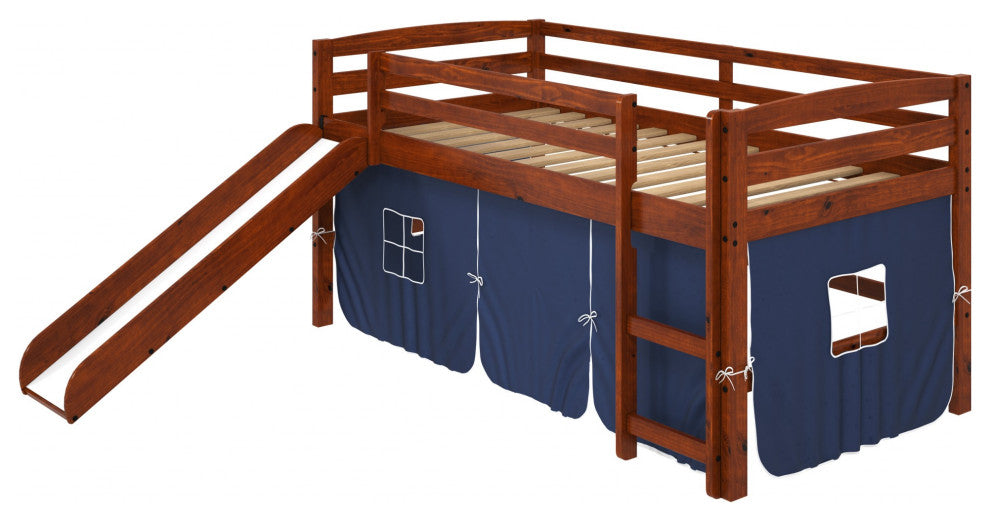 Brown Wooden Blue Tent Low Loft Bed With Slide