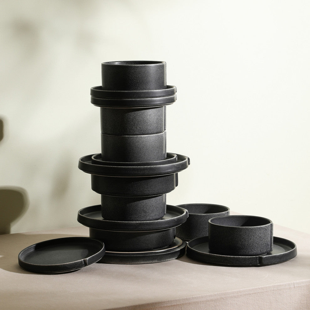 Stone Lain Bao Stoneware 12-Piece Dinnerware Set, Charcoal