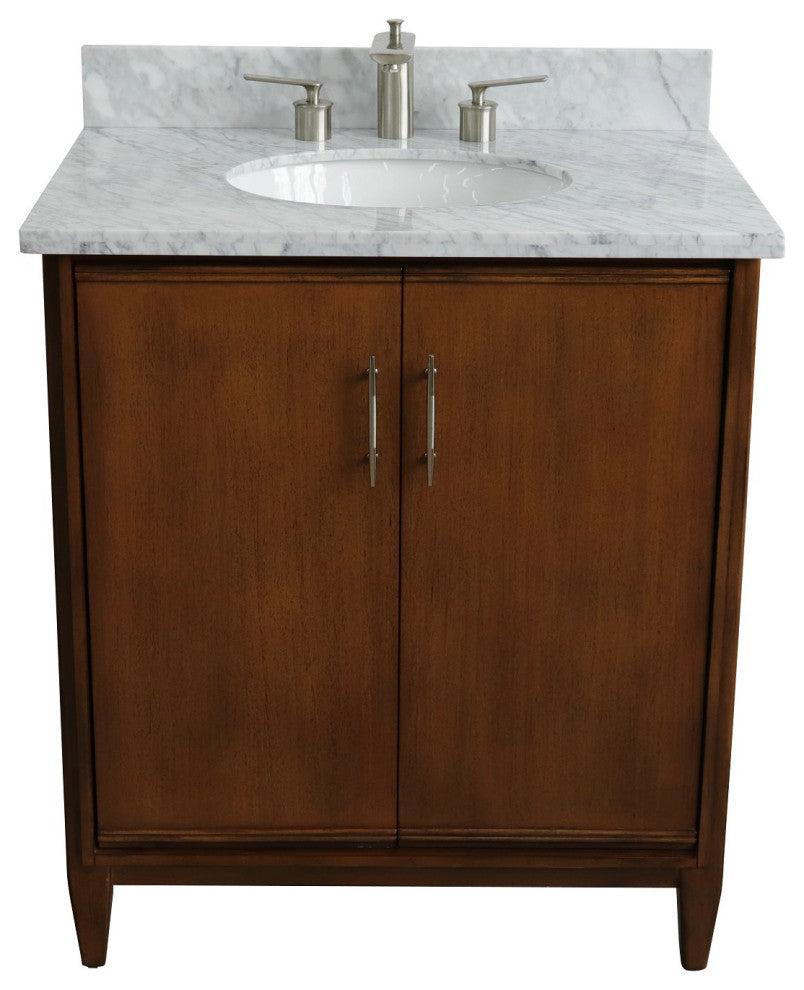 31" Single Sink Vanity, Walnut Finish, White Carrara Marble With Oval Sink