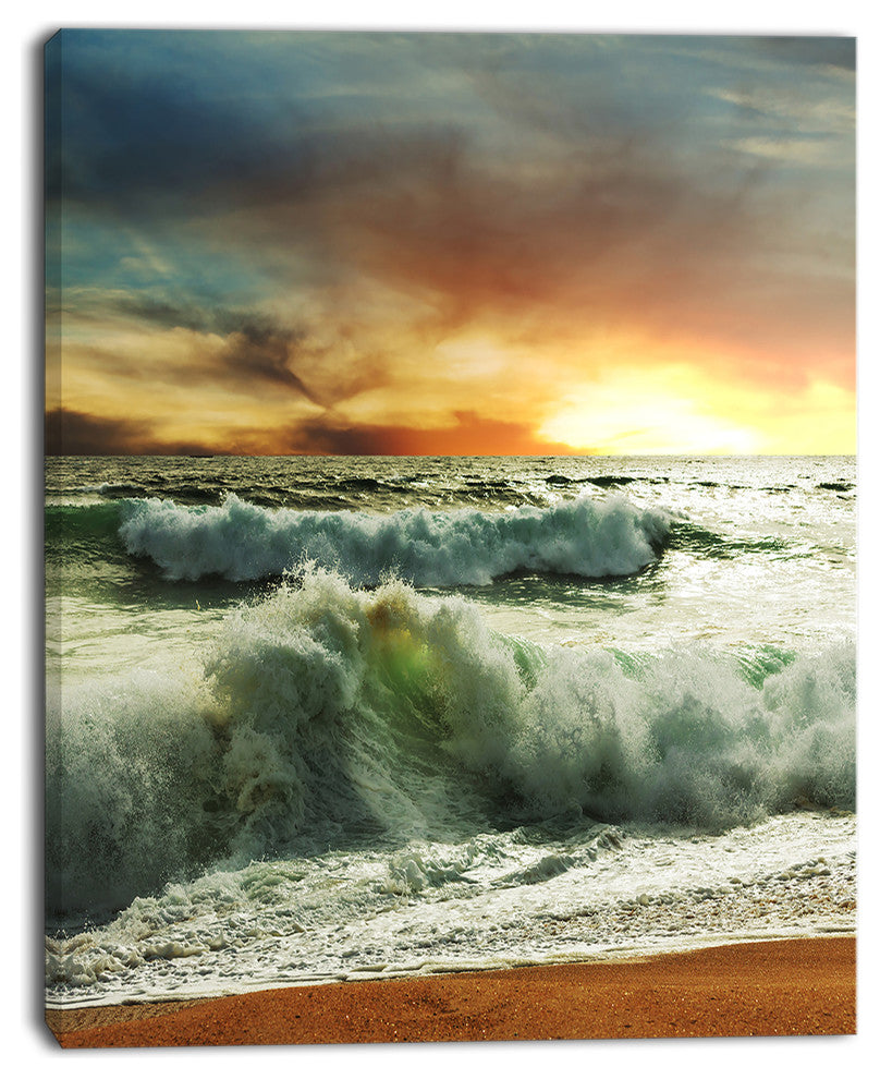 Rushing Waves in Evening Beach, Large Seashore Canvas Print, 30"x40"
