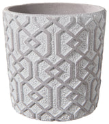 Round Cement Pot with Embossed Interlocking Design Washed White Finish, Small
